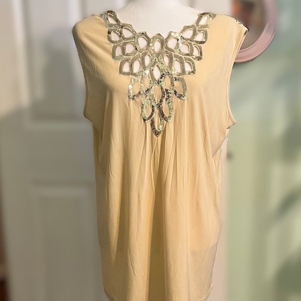 NWT Joan Boyce HSN Blouse Womens XL Gold Sequin Lace Design